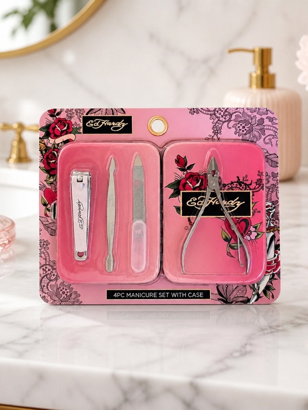 Ed Hardy Pink 4-Piece Manicure Nail Care Set with Case